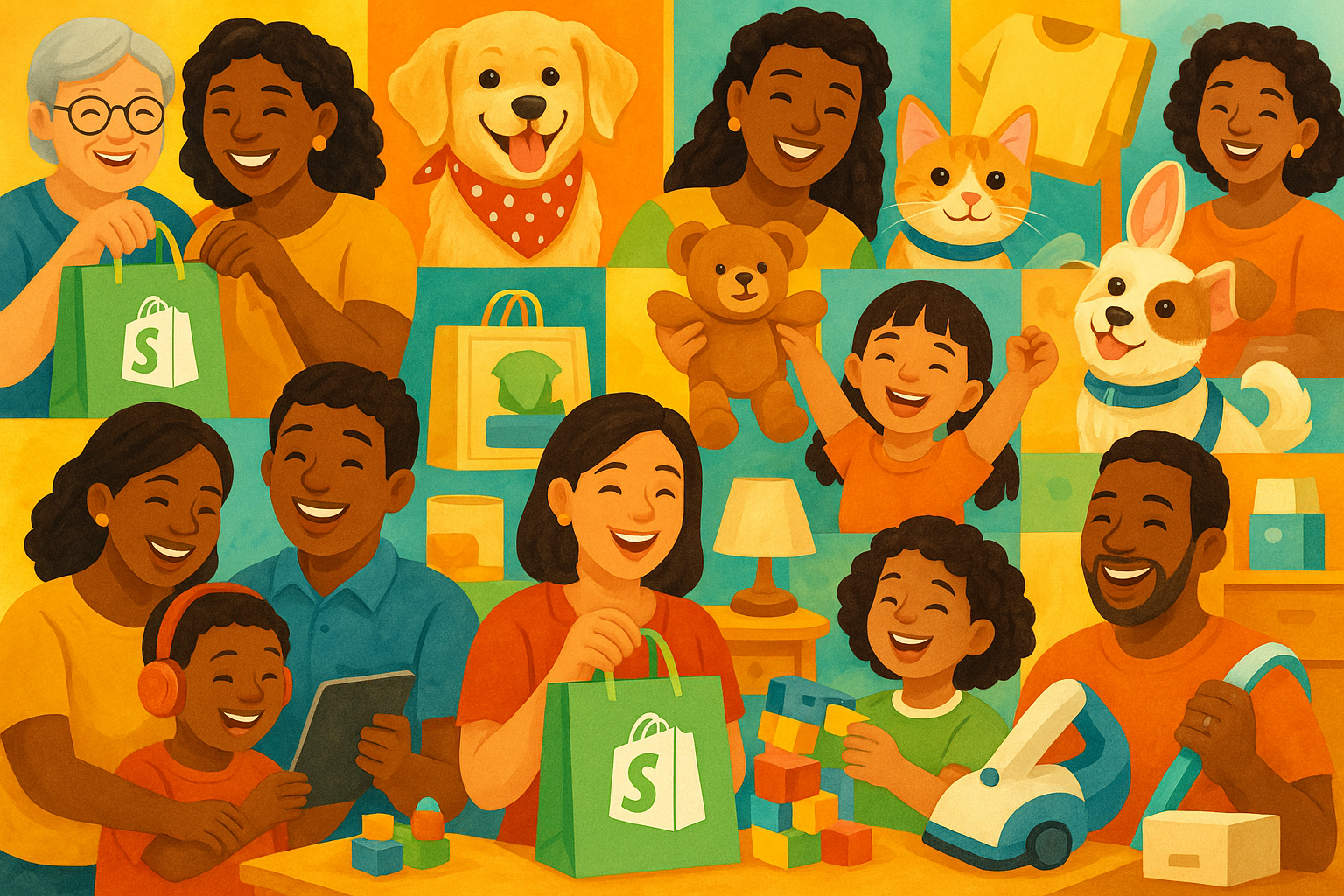 colage de masctotas, niños y adultos felices con productos de shopify